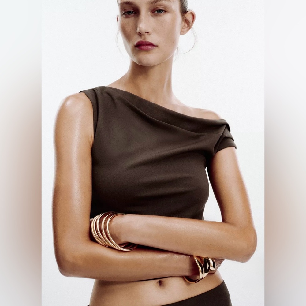 ZARA BROWN ASYMMETRIC TEXTURED TOP SIZE L